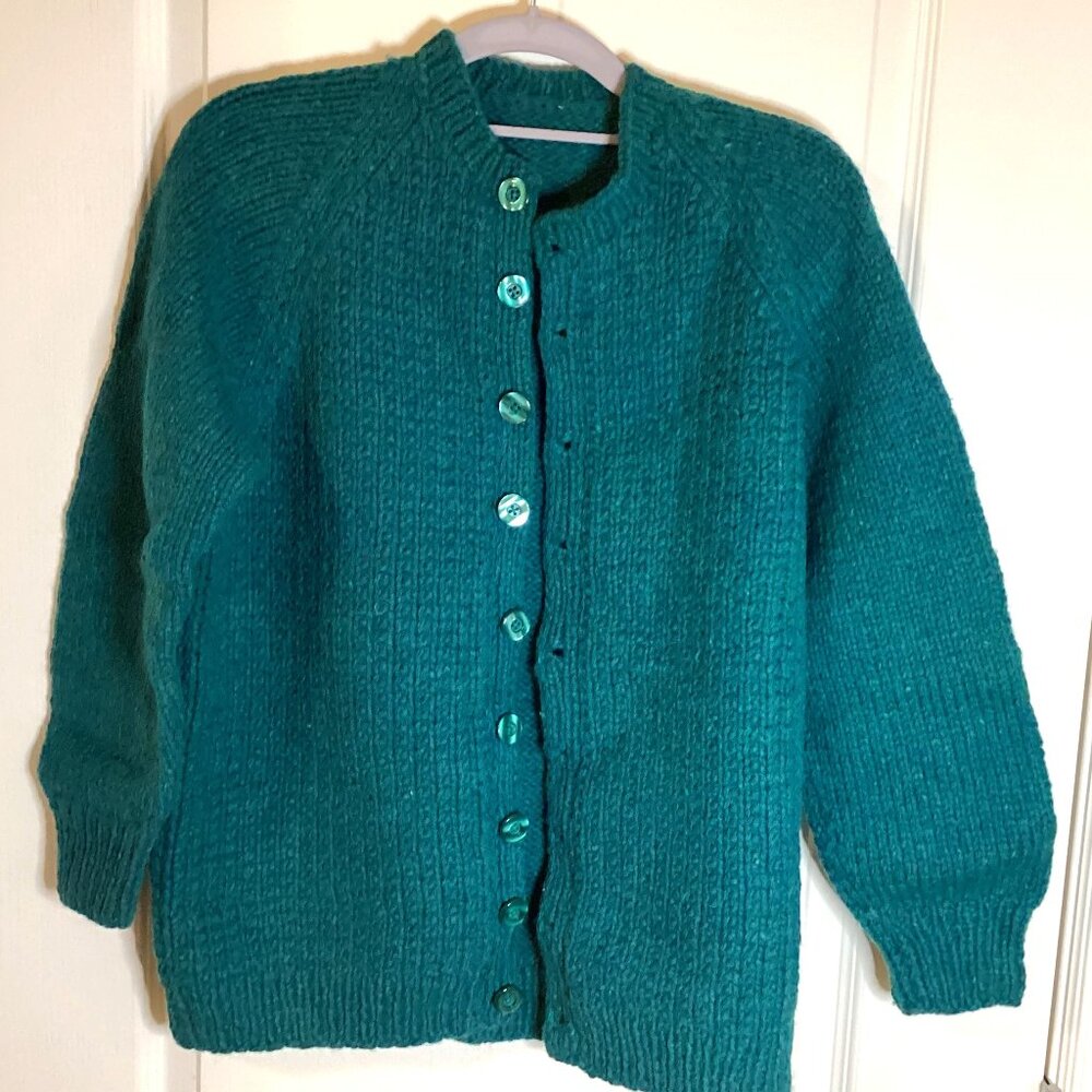 Vintage Handmade Dark Green Chunky Knitted Knit Cardigan Size L